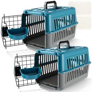 lot 307 image: 2 Set Travel Pet Carriers for Small Cat Dog Plastic Hard Shell Carrier Cat with Bowl Wire Door Grille Mat Portable Breathable Security Lock Puppy Kennel for Travel Airline, 17.5, up to 13lbs(Blue) - Retail $56