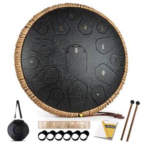 lot 319 image: Steel Tongue Drum - HOPWELL 15 Note 14 Inch Tongue Drum - Hand Pan Drums with Music Book, Steel Handpan Drum Mallets and Carry Bag, D Major (Black) - Retail $80