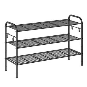 lot 327 image: SONGMICS Shoe Rack, 3-Tier Shoe Organizer, Metal Shoe Shelf Storage with 4 Side Hooks, Holds 15 Pairs of Shoes, Height-Adjustable Shoe Rack for Entryway, Hallway, Closet, Ink Black ULMR138B01 - Retail $30