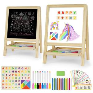 lot 332 image: Kids Tabletop Double-Sided Wooden Art Easel - Chalkboard & Whiteboard Painting Board for Toddlers, Dry-Erase Classroom Desk Easel with Chalk, Markers, Eraser, Magnetic LettersNumbers & Flashcards - Retail $26