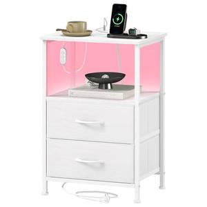 lot 340 image: Somdot White Nightstand with Charging Station and LED Light for Bedroom, 2 Drawers Dresser with Fabric Bins for Bedside Kids Dorm Room Closet Laundry Entryway, White Leather - Retail $34