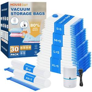 lot 342 image: HOUSE DAY 20 Pack Vacuum Storage Bags with Electric Pump, 4 Sizes  2 Roll-Up (5 Each), Space Saver Vacuum Seal Bags for Clothing, Bedding, Pillows, Travel �� Airtight Seal, Reusable & Durable - Retail $33