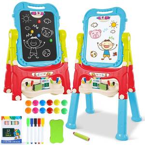 lot 343 image: Pre Owned Toddler Art Easel for Kids, Double-Sided Magnetic Whiteboard & Chalkboard with Painting Accessories, Rotatable Easel Toy Gift for Boys and Girls - Retail $38