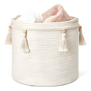 lot 362 image: Mkono Macrame Decorative Cotton Rope Basket Boho Cute Woven Tassel Closet Storage Bins Organizer for Nursery,Baby Toys,Blankets,Magazines, Potted Plants Cover,Living Room,Bedroom Home Decor 15x 14 - Retail $24