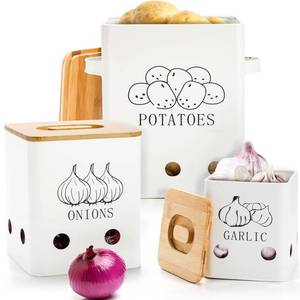 lot 369 image: WUWEOT 3 Pack Vegetable Storage Tins, Metal Onion Garlic Potato Jars Set, Kitchen Canisters Vegetable Keeper Containers with Aerating Holes and Wooden Lid - Retail $25