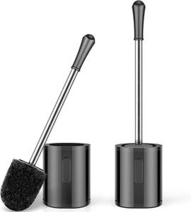 lot 370 image: Compact Size Toilet Brush & Holder, 2 Pack, Stainless Steel Handle, Space Saving for Storage, Drip-Proof, Easy to Assemble, Black - Retail $17