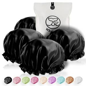 lot 378 image: WhaleLife Shower Cap - Black Double-Layer Waterproof Reusable Satin-Lined for Women Men  Fits Thick Hair  Home Spa Travel 4 Pack - Retail $8