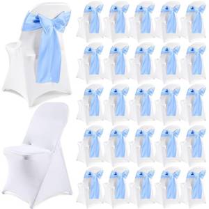 lot 391 image: Lounsweer 50 Pcs Folding Chair Cover Set with 25 Stretch Spandex Slipcovers 25 Satin Chair Sashes Bows Ribbon Washable Banquet Protector for Wedding Event Party(White, Sky Blue) - Retail $76
