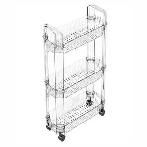 lot 396 image: Yieach 3 Tier Rolling Cart with Wheels,Clear Narrow Bathroom Rack Organizer,Slim Storage Cart,Three Tier Thin Shelf and Narrow Rolling Utility Cart for Small Space Shelf,Dorm Room,Kitchen,Laundry - Retail $30