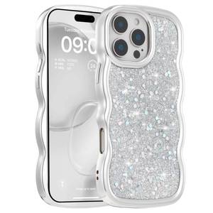 lot 405 image: FABSPARK Case for iPhone 16 Pro,Crystal Diamond Rhinestone Shiny Bling Sparkly Glitter,Glossy Luxury Electroplated Curly Wavy Frame Wave Case,Aesthetic Cute for iPhone 16 Pro,Silver - Retail $13