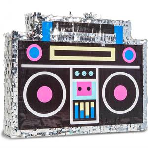 lot 412 image: BLUE PANDA Boombox Pinata - 16.5 x 12.8 x 3 In, Silver & Neon - Pinata for Birthdays, 80, 90s Theme Party Decoration & Dance Supplies