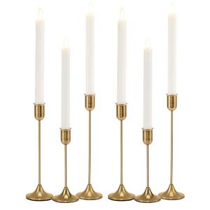 lot 414 image: Brass Gold Candlestick Holders, Metal Taper Candle Holders Set of 6, Vintage Modern Candle Sticks Holder Decor for Table Centerpiece, Fireplace Mantel Wedding Housewarming Gift, Candlelit Dinner D�cor - Retail $17