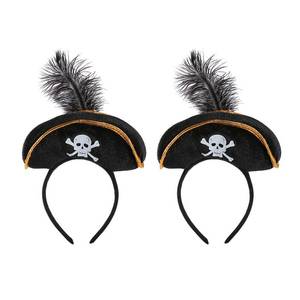 lot 473 image: Hosfairy 2Pcs Halloween Pirate Hat Headband Skull Feather Mini Pirate Top Hat Headband Halloween Costume Accessories for Halloween Decoration Pirate Theme Costume Party Supplies - Retail $13