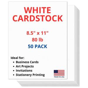 lot 478 image: 50 Sheets of Heavyweight White Cardstock Ideal for Business Cards, Art Projects, Invitations, and Stationery Printing  80 lb Weight  8.5 x 11 inches  Thick Cover Stock (216 gsm)  - Retail $13