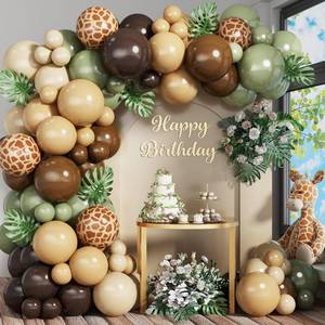 lot 487 image: HILAVO Sage Green Brown Balloon Garland Kit Olive Green Gold Safari Balloons Arch Animal Print Balloons Woodland Camo Army Green Dark Brown Coffee Nude Balloon for Jungle Hunting Wild Birthday Decor - Retail $14