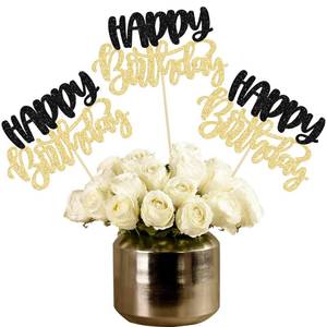 lot 488 image: Gyufise 12Pcs Happy Birthday Centerpieces Sticks Double Sided Glitter Birthday Party Decorations Anniversary Table Flower Centerpiece for Celebrating Party Supplies Black Gold - Retail $10
