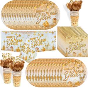 lot 489 image: HOWAF 121 Pcs New Years Eve Party Supplies Dinnerware Set, Happy New Years White Gold Tablecloth Banner Plates Cups Napkins for 16 Guests,News Year Dinnerware Set for 2026 NYE Eve Party Decor - Retail $20