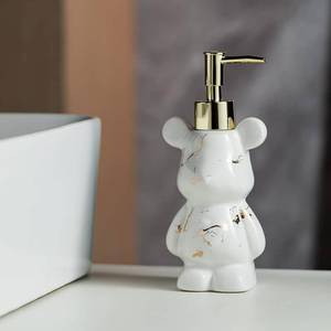 lot 491 image: Small Bathroom Soap Dispenser with Pump, Cute Bear-Shaped Design, Ceramic Liquid Soap Dispenser (Marble White) - Retail $17