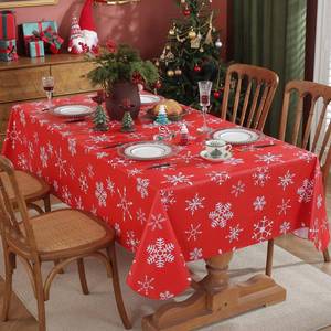 lot 495 image: Honellaty Christmas Red Table Cloth, Snowflake Print, Flannel Backed Vinyl Tablecloth for Rectangle Tables, Waterproof PVC Plastic Table Cover for Christmas Winter, Holiday Party Use 52 x 70 Inches - Retail $16