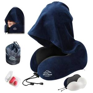 lot 498 image: Travel Pillow with Extra Large Hood for Airplane Long Flights Privacy and Comfort Memory Foam with Velvet Cover for Road Trip Head&Neck Support for Plane Office Cars Sleeping & Rest (Navy Blue) - Retail $22