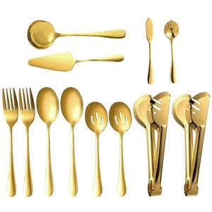 lot 504 image: MACIFECI Gold Serving Utensils Set of 12, Stainless Steel Serving Sets with, 9.8Serving Forks, Slotted Spoons, Tongs, Ladle, Butter Knife, Pie, Serving Utensils in Gold for Parties,Buffet, Wedding - Retail $25