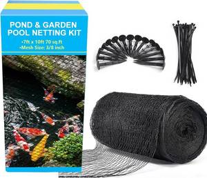 lot 510 image: BUZIFU Pond Netting, 7 x 10FT Pond Net for Koi Ponds, Garden Pool Fine Mesh Pond Netting Cover for Leaves, Protects Koi Fish from Birds Cats Predators, with 12 Stakes and 30 Cable Zip Ties - Retail $13