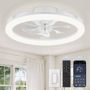 LEDIARY 20 Inch Low Profile Ceiling Fans with Lights and Remote, Dimmable Modern Fan Light(3000K-6000K), 6 Speed, Reversible, APP & Remote Control, Flush Mount Ceiling Fan for Bedroom, White - Retail: $70