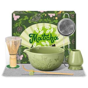 lot 547 image: Ceramic Matcha Whisk Set 7 PCS Matcha Set Large Matcha Bowl, Matcha Whisk and Holder, Bamboo Scoop and Scoop Rest, Stainless Sifter and Tea Towel, Matcha Kit for Matcha Tea Ceremony Green - Retail $10
