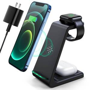 lot 566 image: 3 in 1 Wireless Charging Station, 2026 Upgraded Fast Desk Charger Station for iPhone 17 16 15 14 13 12 Pro Max Plus, Charger Stand for Apple Watch 10 9 8 7 6 5 4 3 2 SE, Airpods 4 3 2 Pro(Black) - Retail $30