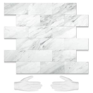 lot 572 image: STICKGOO 10 Sheets Peel and Stick Backsplash, Volakas White Stick on Aluminum Composite Wall Tiles, Self Adhesive Subway Tile Kitchen Backsplash for Kitchen, Bathroom, Fireplace, RV - Retail $221