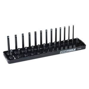 lot 575 image: OEMTOOLS 22208 14 Metric Socket Organizer, 14 Socket Holder for Deep and Shallow Sockets, Labeled Posts, Dual Rail, Holds 4 mm to 15 mm - Retail $13