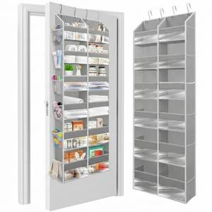 lot 596 image: HOMELUX THEORY UPGRADED 6 Tiers Over The Door Organizer Hanging - 100D EXTRA THICK & 50lbs HUGE CAPACITY, 12 Side Mesh Pockets Over The Door Shoe Organizer, Hanging Closet Organizer (Light Gray, XL) - Retail $36