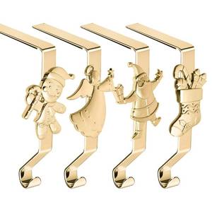 lot 602 image: Christmas Stockings hooks, Gold Christmas Stockings holder for Mantle Set of 4, Reusable Christmas Stocking Hooks, No-Damage Xmas Hanger for Fireplace Stand Christmas Decoration Ornaments Hanging - Retail $18