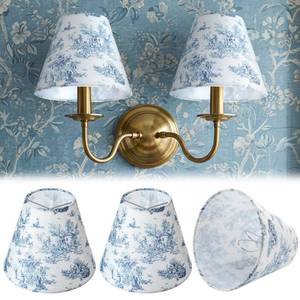 lot 603 image: VIHOSE 2 Pcs Small Lamp Shade Sconce Lamp Shade 3 Top x 6 Bottom x 5 Slant French Countryside Toile Clip on Lampshade for Wall Sconces Chandelier Pendant Lighting(Crane and Human,Blue and White) - Retail $19
