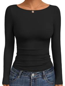 lot 615 image: Ekouaer Long Sleeve Shirts for Women Boat Neck Tops Fall Fashion 2025 Ruched Fitted Thermal Underscrubs Black M - Retail $6