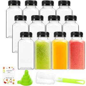 lot 624 image: ztarraum 12pcs 8oz Plastic Juice Bottles, Reusable Juice Containers with Black Tamper Proof Lids, Brush, Funnel and Labels, Clear Water Bottles for Juicing, Smoothie and Homemade Beverages - Retail $13