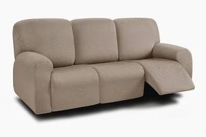 lot 637 image: ULTICOR 8-Pieces Recliner Sofa Covers, Yarn Dyed Stretch Reclining Couch Covers for 3 Cushion Reclining Sofa Slipcovers Thick Soft Washable (Taupe, 3 Seater Recliner Cover) - Retail $60