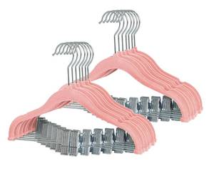 lot 644 image: 10 Count Finnhomy Non-Slip Clothes Hangers for Baby and Kids 10-Pack Velvet Hangers with Movable Clips, Heavy-Duty and Space-Saving for Pants,Skirts, Coat, Pink - Retail $22