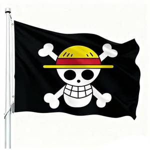 lot 646 image: 5x3 FT Multicolor Anime Style Pirate Flag with Luffys Straw Hat Skull Design for Halloween Decor, Japanese Theme Party, Room Decoration - Retail $18