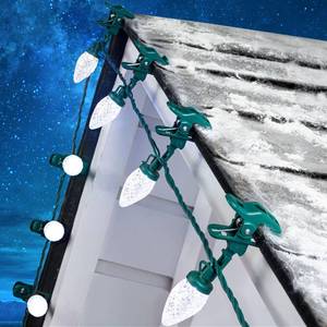 lot 647 image: Moonflor C9 LED Christmas Lights Outdoor with 50 Spring Clips, 50ft 50 LED Waterproof Strawberry String Lights, Commercial Grade Extendable Perfect for Roofline Patio House Xmas Decor, Pure White - Retail $43