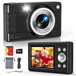lot 662 image: 2025 New Digital Camera, 56MP FHD 1080P for Kids with 16x Digital Zoom Anti Shake, Face Detect, Smile Capture, 32GB TF Card, Battery, Lanyard, a Great Gift for Boys & Girls��Black�� - Retail $29