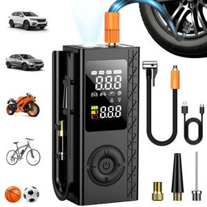 lot 673 image: Tire Inflator Portable Air Compressor, 150PSI Cordless Air Pump For Car Tires, Bike Pump, Motorcycle, Balls with Digital Pressure Gauge, LED Light and Auto Shut-Off Function, Car Accessories, Black - Retail $25