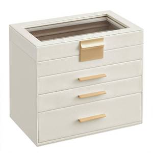 lot 700 image: GLASS PANEL NOT IN PLACE SEE PHOTOS SONGMICS GISELLA Collection - Jewelry Box Organizer, 4-Layer Jewelry Storage with 3 Drawers, Shiny Metal Hardware, Glass Lid, Modern, 6 x 9.9 x 8.5 Inches, Cloud White and Gold Color UJBC161W01 - Retail $40