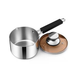lot 702 image: Pre Owned See Photos E-far 1 Quart Sauce Pan with Lid, Stainless Steel Tri-Ply All Clad Small Cooking Pot with Pour Spout, Multipurpose Induction Saucepan & Stay-Cool Handle, Compatible with All Cooktops, Dishwasher Safe - Retail $21