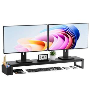 lot 730 image: VERSASKY Dual Monitor Stand Riser, 41.5 Extra Long Wood Monitor Stand Desktop Organizer with Side Pocket, Ergonomic Monitor Riser Supports 2 Monitors,TV,Laptop,Printer for Home Office, Black - Retail $32