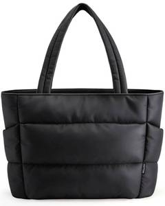 lot 768 image: HOTOR Puffer Tote Bag for Women, Nurses - Multi-Pocket Lightweight Bag for Work - Quilted Handbag for Travel and Gym, Black, 18.1 x 6.3 x 11.8 - Retail $30