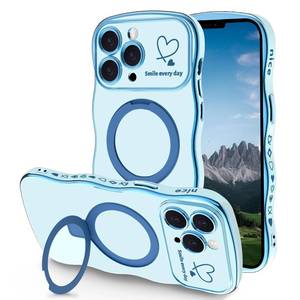 lot 776 image: TKJSQ Case for iPhone 11 Pro Max with Magnetic Stand, Luxury Plating Curly Wavy Frame and Cute Heart Pattern, Lens Edge Raised Protection, Slim Shockproof Soft Case for iPhone 11 Pro Max-Blue