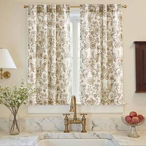 lot 790 image: jinchan Small Window Curtains 45 Inch Linen Floral Curtain Set for Kitchen Bathroom Cafe Curtains Light Filtering Window Treatment Farmhouse Cottagecore Back Tab Drapes 2 Panels Taupe on Beige - Retail $19