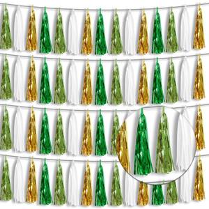 lot 795 image: 4P Sage-Green Gold Foil Fringe Tassel Banner Garland Metallic Tinsel Streamers Wall Hanging Curtain Backdrop Banners for Parade Floats, 2024 Graduation Decorations, Woodland Party Decoration - Retail $20