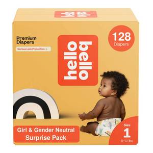 lot 810 image: Hello Bello Premium Diapers, Size 1 (8-12 lbs) Surprise Pack for Girls - 128 Count, Hypoallergenic with Soft, Cloth-Like Feel - Assorted Girl & Gender Neutral Patterns - Retail $36